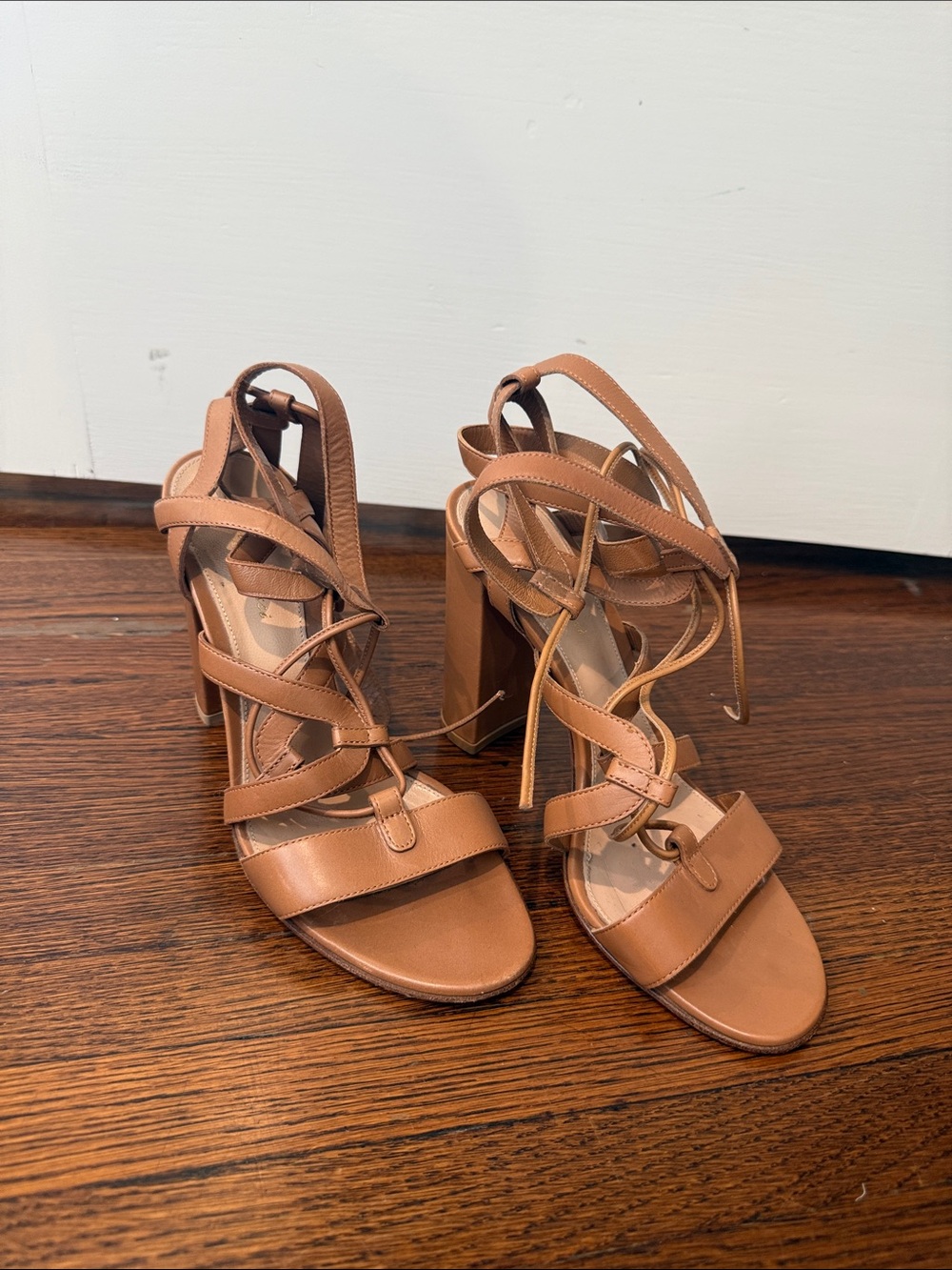 Gianvito Rossi Tan Lace-Up Block Heel Sandals